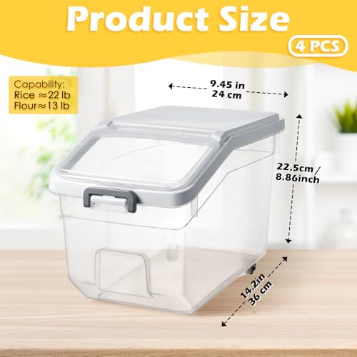 4 Pcs Rice Storage Container 22 lb Airtight Flour Container with Wheels Measuring Cup Clear Pet Food Cube Dog Cat Birds Food Bin Grain Cereal Organizer Box for Dry Baking Supplies(White Lid) - color: White Lid, size: 22 lb