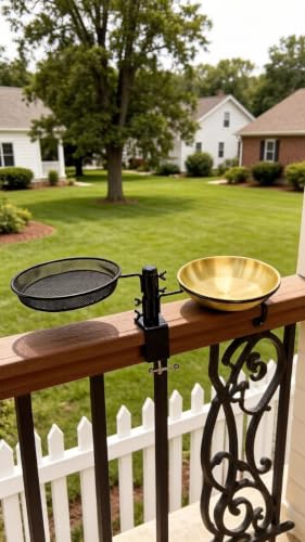 Railing Bird Feeder and Birdbath for Deck/Porch/Balcony 8" Platform Birdseed Tray Outdoor Rail Handrail Mount Metal Feeder and 8 inches Water Bowl for Wildbird Feeding
