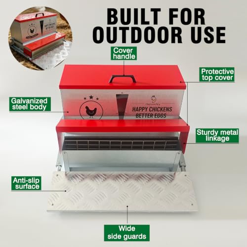 40 lb Automatic Chicken Feeder, Rat Proof Treadle No Waste | 40 lb treadle chicken feeder with visible window, galvanized steel body, no waste design, and weatherproof lid