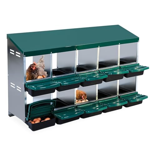 GarveeHome 2-Tier Chicken Nesting Box, 10 Compartment Metal Chicken Laying Boxes with Waterproof Roof ＆ Removable Trays for Hens, Poultry，Easy Egg Collection - color: Green, size: 54.9"L x 17.7"W x 8.1"H
