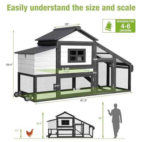 GUTINNEEN Chicken Coop with Wheels,Outdoor Hen House with Waterproof Asphalt Roof, Wooden Poultry Enclosure with Easy-Clean Slide-Out Tray,Poultry Cage with Nesting Boxes for Duck Rabbit Chicken-Black - size: 67.3"L x 26.0"W x 39.4"H