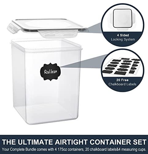 Large Food Storage Containers 5.2L (175oz), MCIRCO 4 Pieces Plastic Airtight Food Storage Containers for Flour, Sugar, Baking Supplies, with 4 Measuring Cups and 20 Labels - size: 5.2L