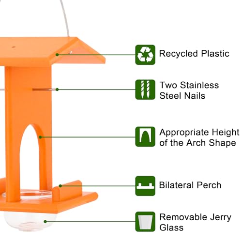 Gbekery Oriole Feeders for Outdoors Hanging,All-in-One Recycled Plastic Oriole Feeder with A Removable Glass Cup Jelly or Jam, Fruit, Nectar or Seed for Orioles,Orange,1 Pack - size: 1 Pack with one cup