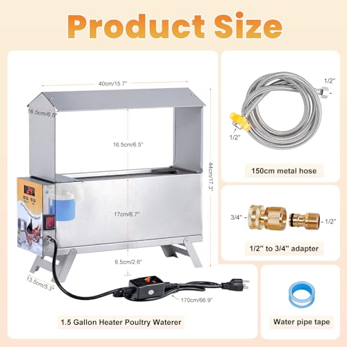 Chicken Waterer Heated 2 Gallon Chicken Water Heater for Winter Stainless Steel Poultry Drinker Heater Anti Freezing Watering Dispenser for Coop, Thermostatically Controlled