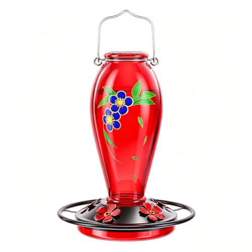 24 OZ Hummingbird Feeder for Outdoors Hanging, | Heavy-Duty Thick Glass With Floral Decals, Leak-Resistant Metal Base, 5 Feeding Ports & Perch - color: Red