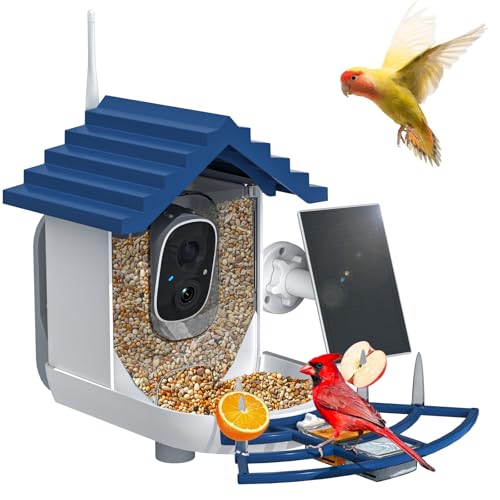Smart Bird Feeder with Camera Solar Powered & AI Bi rd Identification, 2.4Ghz WiFi Bird feeders for Outdoors, 2K Live Video, Instant Arrival Alerts - Gifts for Women - color: Indigo Blue