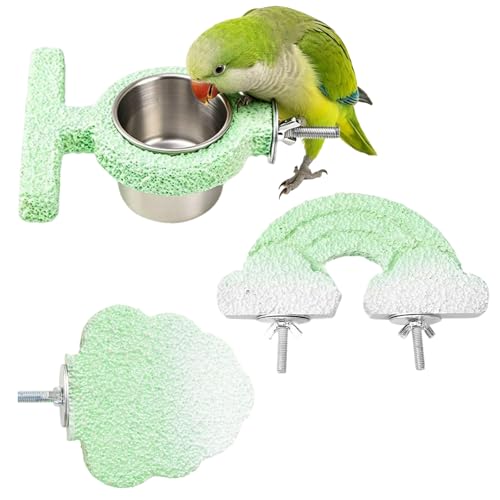 3pcsRainbow Cloud-Shaped Bird Perch Platform + Beak Conditioning Stone + Stainless Steel Feeder,Parrot Perch for Cage Volcanic Rock Mineral Bird Perch,for Parakeets,Cockatiels,Lovebirds（Green） - color: G