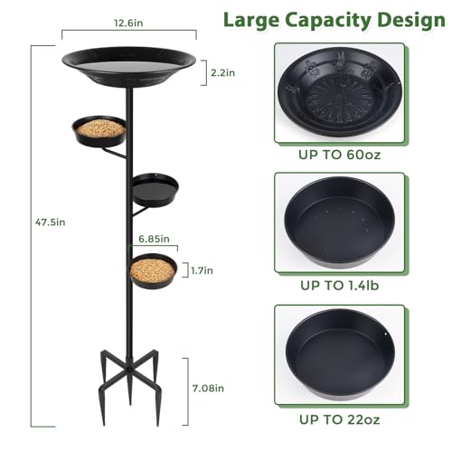 Bird Bath for Outside, Metal Freestanding Birdbaths with Bath Bowl and Seed Bowl, Hummingbird Feeders for Outdoors Garden Patio Yard Lawn Decor, Black, Gifts for Mom Dad, Gifts for Women Men