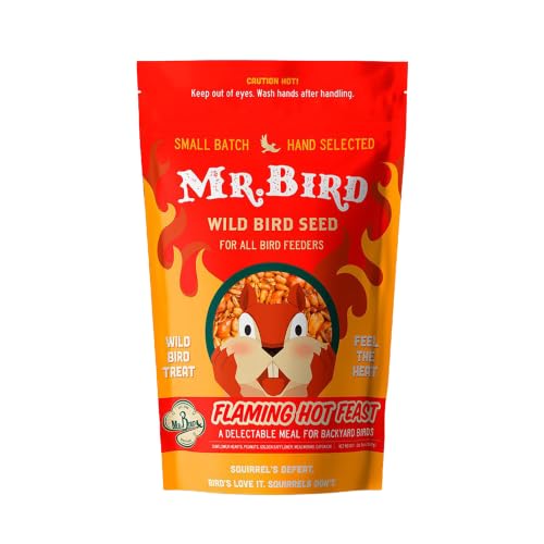 Mr. Bird Flaming Hot Feast Small Loose Seed Bag 2lbs | Hot Pepper Wild Bird Seed for Outside Feeders | Prevent Squirrels | Spicy Bird Food | Backyard Birds | Spicy Bird Seed for Outside Feeders | Premium Blend of Mealworms, Peanuts, Hot Pepper | Keeps Squ