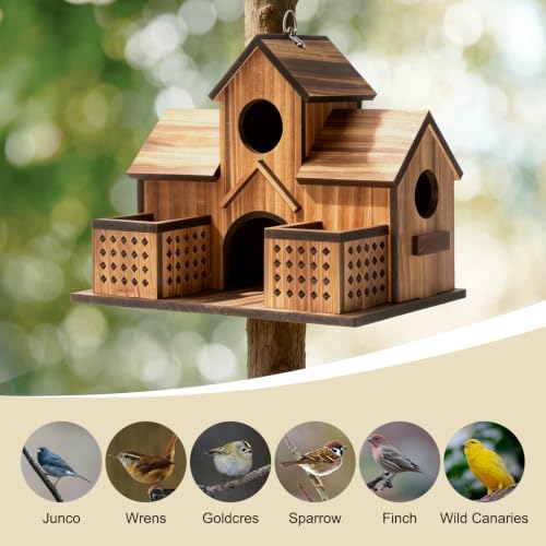 Wooden Bird Houses for Outside Outdoor 3 Hole Large Bird House with 2 Front Feeders Easy Access Cleaning Doors Martins Bluebirds Finches Cardinals Sparrows Chickadees Garden Patio& Yard