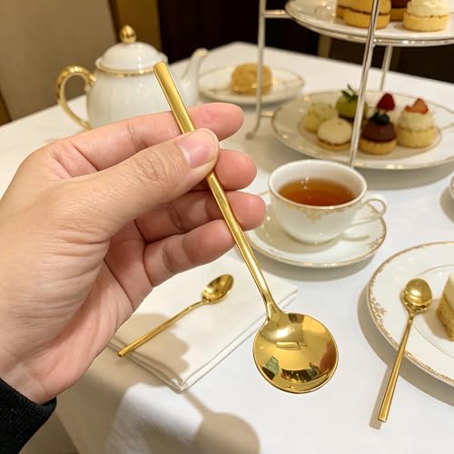 Long-handled Mirror-Finish Small Round Stainless Steel Spoon, Suitable for Scooping Bird's Nest, Honey, Coffee, Milk Powder, Sugar, Cocoa Powder and Other Foods & Desserts (4pcs 6.7", Gold-Plated) - size: 6.7in, style: 4Pcs Gold-Plated