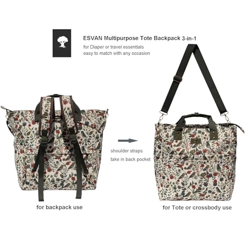 Diaper Tote Bag Totepack Backpack Crossbody Bag 3 in 1 for Women Laptop Backpack Multifunctional with Insulated Pockets - color: Corduroy Leaf Bird