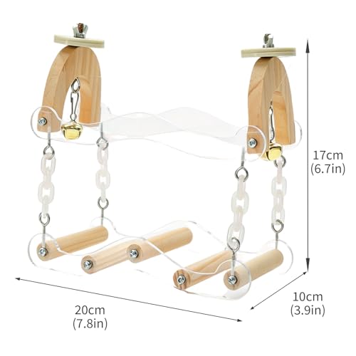 Bird Swing for Cage, Wooden Parakeet Swing Perch Toy with Clear Acrylic Wavy Bridge, Bell and Hanging Chains, Bird Cage Accessories for Budgies, Cockatiels, Lovebirds and Conures