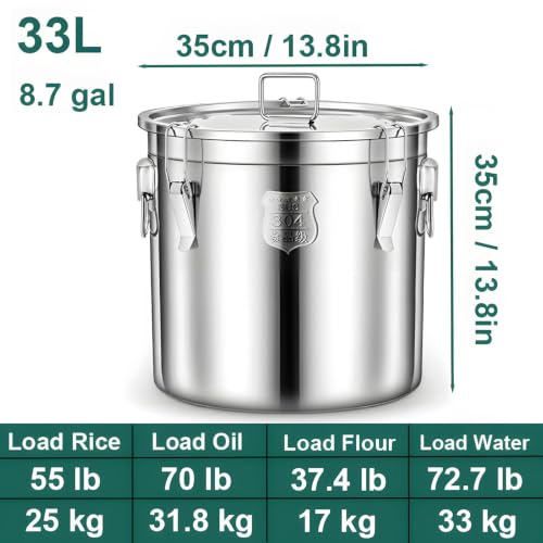8.7Gal 304 Stainless Steel Airtight Container with Lid and Locking Clamp, Large Food Storage Container 28-60Lbs Metal Bucket for Rice, Flour, Milk Oil, Soup Commercial Liquid Storage (33L) - size: Standard 33L/8.7gal
