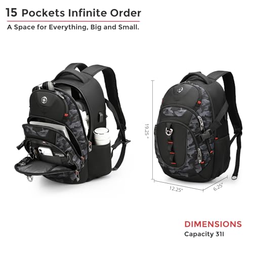 Swissdigital Design Laptop Backpack with USB Charging Port, Travel Backpack Fits 15.6 inches Computer, 31L College School Backpack for Men, Gray Camo | SD803-91 - color: Gray Camo