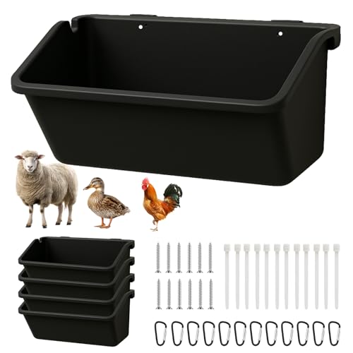 4-Pack 5 Qt Hanging Goat Feeders and Mineral Troughs for Fences | Thick plastic with mounting clips, zip ties and screws; for grain, grit and minerals; suitable for sheep, ducks and chickens - color: 4 Pack