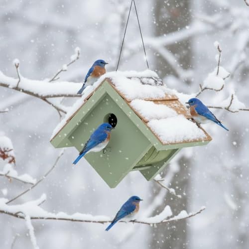 Large Cedar Bluebird House for Outside - Bamboo Shingles Roof Birdhouse for Bluebirds - Weather Proof Metal Protected - 13/16” Thickness Heavy Duty - Detachable and Easy Cleaning (1.5" Hole) - color: Wren&Bluebird