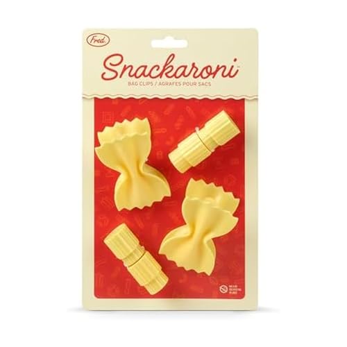 Genuine Fred SNACKARONI Pasta Bag Clips, Set of 4, Two Styles Farfalle and Rigatoni, Squeeze and Lock Bread Bag Clip, Spring-Loaded Clips, Fun Food Storage and Kitchen Accessories - style: SNACKARONI
