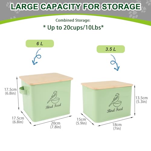 Bird Seed Storage Container Set of 2,10LB Bird Food Container-Green | Metal Bird Seed Container with Bamboo Lids, Airtight Wild Bird Seed Tin for Storing Sunflower Seed-Squirrel proof - color: Green(Bird Feed)