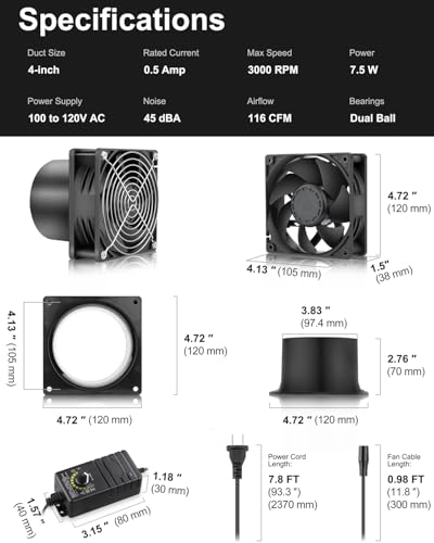 GDSTIME 120mm x 38mm 12V DC Axial Fan w/ 4 Inch Duct Flange Variable Speed | 110V 120V AC Powered, Dual Ball, Small Air Exhaust Fume Smoke Extractor Kit, for Soldering, 3D Printer Enclosure Ventilation - style: 1238 Fan + 1 Flange
