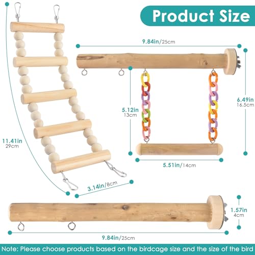 DBNESS Bird Perches Ladder with Swing, Natural Wood Parrot Climbing Bridge Perch Toys, Exercise Play Stand Parakeet Cage Accessories for Budgie Cockatiel Green-Cheeked Conure Caique
