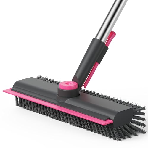 AIR U+ Floor Scrub Brush with Long Handle, 3-in-1 Rotating Head & Squeegee | Stiff Dual-Sided Bristles for Shower, Bathroom, Kitchen and Patio, 30–50 In Handle for Easier Stand-Up Cleaning, Gray & Pink - color: Gray and Pink, size: 1 PACK