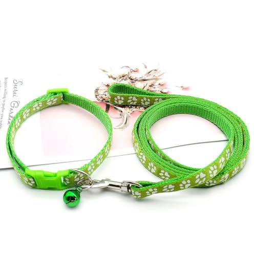 Puppy Dog Collar with Bells for Small Dogs, Cat Kitten Collar Green XXS XS | Paw Print Reflective Dog Collar Leash Set with Bell, Basic Nylon Boy Girls Pet Collar Adjustable For XXS XS S Tiny Puppies - color: light green