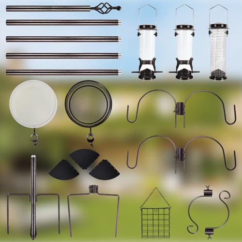 YINGYM 6-Hook Bird Feeding Station Kit with Squirrel Baffle, 94 Inch | Wild Bird Feeder Pole, Multi-Feeder Hanging Kit Stand with Bird Bath, Mesh Tray and Baffle Guard for Patio, Lawn & Garden - size: 94 Inches with Squirrel Baffle