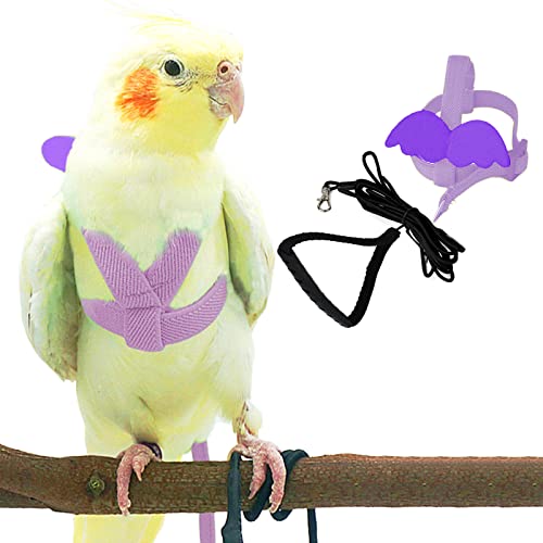 Dnoifne Pet Parrot Bird Harness and Leash, Adjustable Training Design Anti-Bite, Bird Nylon Rope with Cute Wing for Parrots, Suitable for Scarlet, Keck, Mini Macaw and Same Size Birds (Light Purple) - color: light purple