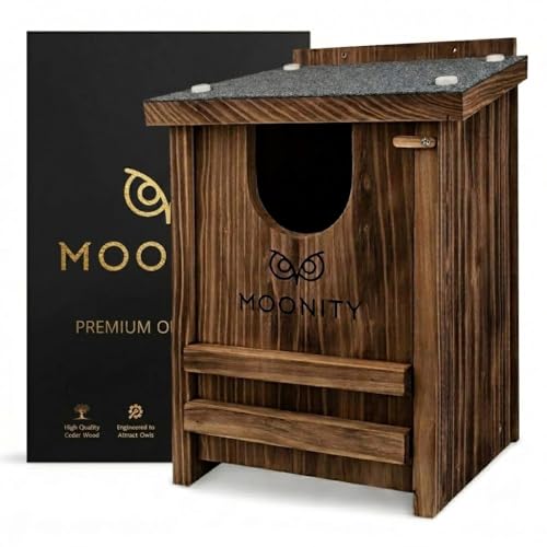 MOONITY Fire-Treated Cedar Owl House with Asphalt Roof – 14" x 9" x 9" All-Season Nesting Box for Screech, Kestrel & More – Durable, Weatherproof & Easy to Install - color: Black