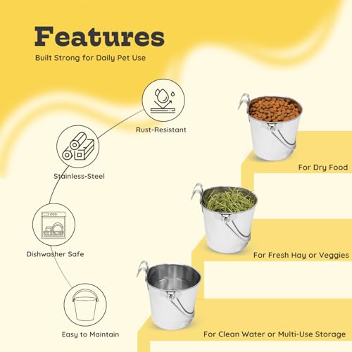 1 Quart Stainless Steel Flat Sided Bucket with Dual Hooks | 4 Pcs Durable Food & Water Bowl for Dog Cat Bird & Small Animals | Fits kennel Cage Crates Farm Hanging Pet Pail | Multipurpose - size: 1 Quart (Pack of 4)