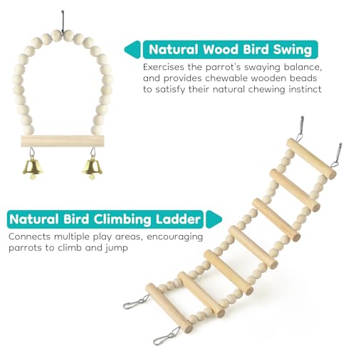 DBNESS 5in1 Bird Toys, Birdie Perches Platform Swing with Stainless Steel Feeding Cup Climbing Ladder, Wooden Play Gym for Cockatiels Lovebirds Budgies Pacific Parrotlets Finch Canaries