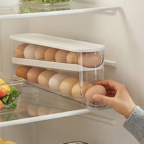 Auto-Rolling Egg Dispenser with Lid, Transparent, 1 Pack | Fridge Egg Organizer, Side-Door Slide Design, Stackable & Space-Saving, Easy Access, Holds 14–16 vs. Standard 12