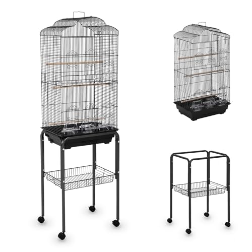 60" Metal Large Bird Cage with Stand, Rolling Parrot Cage with Storage Shelf, Slide-Out Tray, Perch & Bowls, Indoor Outdoor Bird Aviary for Cockatiels, Parakeets, Finches, Aviary for Porch Yard