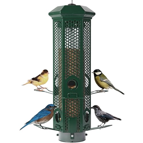 Squirrel Proof Bird Feeders with Removable Base, Metal Wild Bird Feeder for Outdoors Hanging, 6 Weight-Activated Ports Perches, 3LB Seed Capacity(Green) - color: Green