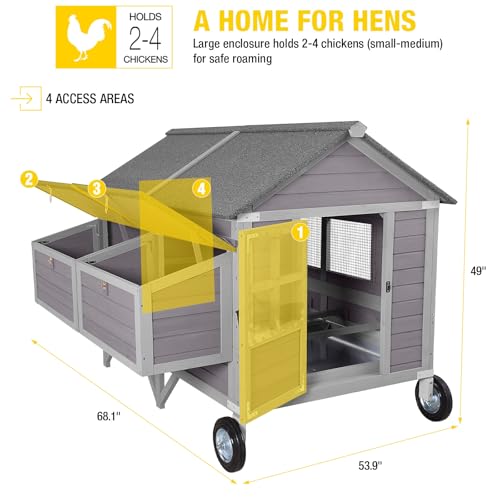 Aivituvin 68" Chicken Coop with Large Wheels - Upgraded Mobile Wooden Hen House for 8-10 Chickens, Includes 4 Nesting Boxes, 4 Perches, and 2 Removable Trays for Easy Cleaning - size: 68.1"L x 53.9"W x 49.0"H