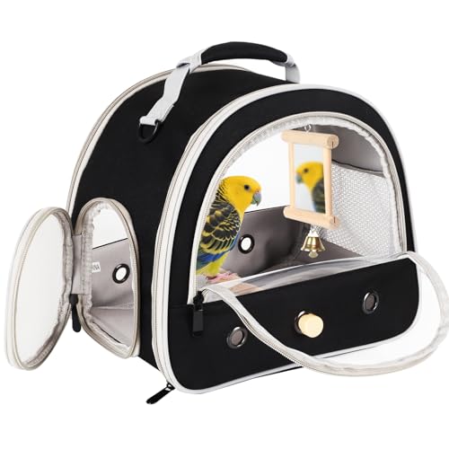Parrot Travel Cage Carrier with Bird Cage Bells Mirror Set,Portable Small Bird Parakeet Bag with Standing Perch and Comfy Mat Bird Carry Transport Bag with Clear Window Outdoor Adventure - color: Black, size: 12.0"L x 8.0"W x 12.0"H