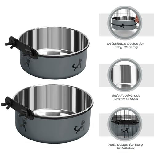 Dog Crate Bowls, 2 Pack Stainless Steel Kennel Water Bowl Hanging No Spill | Mountable Food & Water Dispenser, Elevated Feeder for Crate Cage, for Small to Medium Pets Cat Puppy Bunny Guinea Pig Ferret - color: Gray