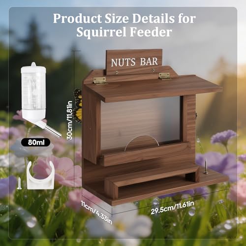 Hanging Squirrel Feeder for Outside with Picnic Table Design & Detachable Water Bottle - Funny Squirrel Picnic Table, Wooden Chipmunk Feeder for Backyard, Garden, Patio - No Assembly Required - Walnut