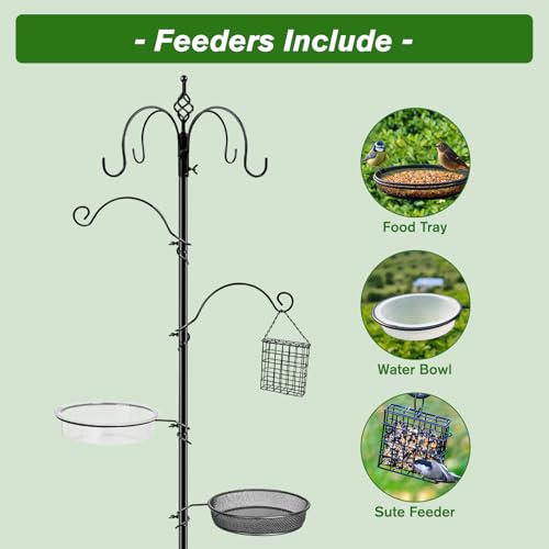 Bird Feeding Station, 90.55in 6-Hook Wild Bird Feeder Stand Pole with Water & Mesh Tray Humming Bird Feeders for Outdoors Easy Assembly for Courtyards Gardens (Black) - size: 90.55in