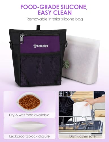 4 Cup Dog Treat Pouch with Silicone Insert Bag& Clicker(Purple) | 2 Pair Magnetic Closures, Belt Clip/Waist Belt/Crossbody Wear, Zipper Pocket Poop Bag Holder for Pet Training/Daily Walking - color: Purple