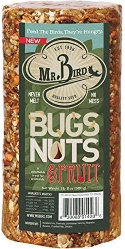 Mr. Bird Bugs, Nuts & Fruit Cylinder, 4-Pack, 1 lb 8 oz | Wild Bird Seed For Outside Feeder | Premium Blend of Mealworms, Sunflower Hearts & Cranberries | No Mess, No Melt - size: 1.5 Pound (Pack of 4)