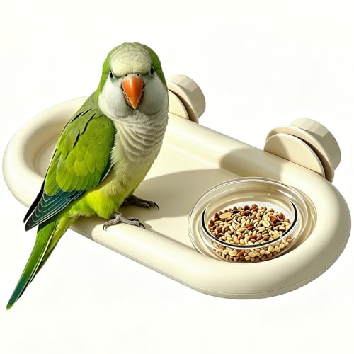 Bird Feeding Platform,bird feeder for cage,Parrot Rest Station with Food Bowl, Parrot Cage Perch,bird perches for Cages,Platform with Feeding Bowl for Parakeets and Small Birds cage Accessories(White)