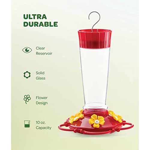Hummingbird Feeder [Set of 2] Leakproof Clear Plastic 10 oz Wide Mouth. | Features A Built-in Ant Guard - Circular Perch with 5 Feeding Ports - Wide Mouth/2 Part Base for Easy Filling & Cleaning. - size: 10 oz - 2 Pack