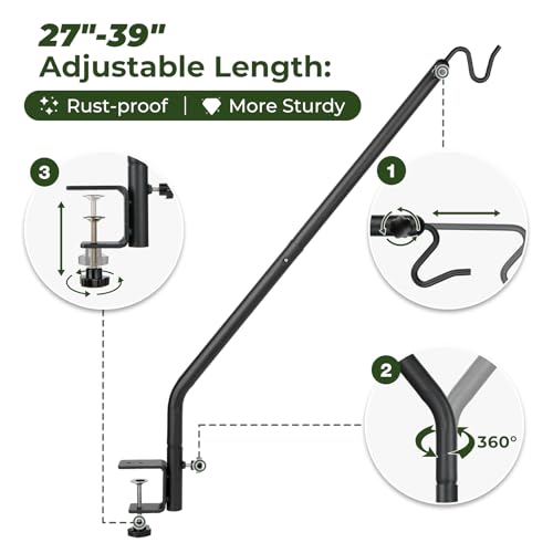 Kingsyard Heavy Duty Deck Hook, 27"-39" Adjustable Metal Deck Railing Hooks for Hanging Bird Feeders, Planters, Suet Baskets, Lanterns, Wind Chimes, Clamp Mounted - size: 27"-39" Clamp Mounted