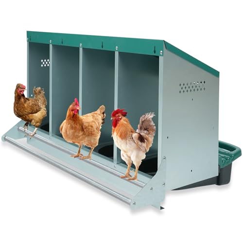 Chicken Nesting Box, 4 Holes Nesting Boxes, Heavy Duty Metal Laying Boxes, Roll Away Nesting Box Egg Collection Tray, with Roosting Pole for Chicken Coop(Green) - size: 4 Holes