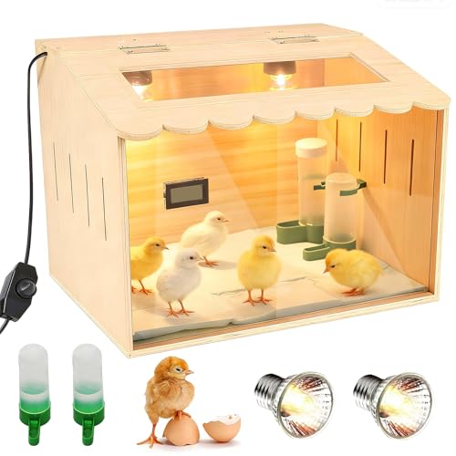 Wooden Chick Brooder Box Kit with Adjustable Dual Heater & Thermometer, Poultry Hatching Enclosure with 10 Pads, Feeder, Waterer - Natural Wood Brooder Heater for Baby Chicken, Quail, Ducklings