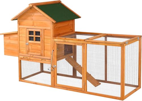 80” Chicken Coop, Waterproof Wooden Hen House for 2-4 Chickens, Outdoor Chicken House with Nesting Box, Removable Tray, PVC Cover, Run, for Garden Backyard Cage - size: 80.8"L x 26.0"W x 44.5"H