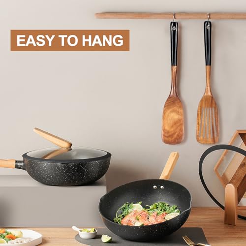 Wooden Spatula Set for Cooking Spoon Non Toxic Teak Kitchen Utensils Turner | Flat Wood Wok Spatula Bamboo Spoon for Cooking Utensil Set Spurtle Scraper Slotted Pancake Turner Fish Egg Flipper Spatulas - color: 2Pcs-Black