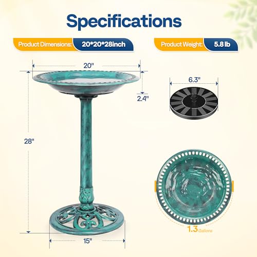 VIVOHOME Bird Bath with Solar Fountain for Outside, Pedestal, Green | Solar-Powered Pump, Weather-Resistant Polyresin, 20-Inch Bowl, for Outdoor/Garden, Bird-Friendly, Easy to Clean - color: Green